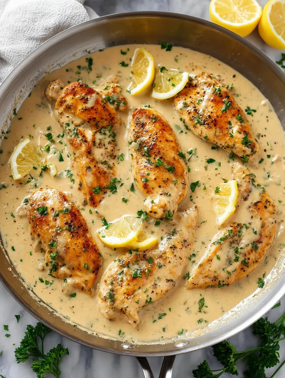 Chicken with lemon and herbs in a creamy sauce.