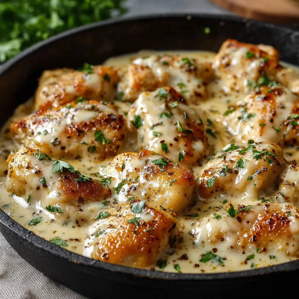 A pan of chicken with cheese and herbs.