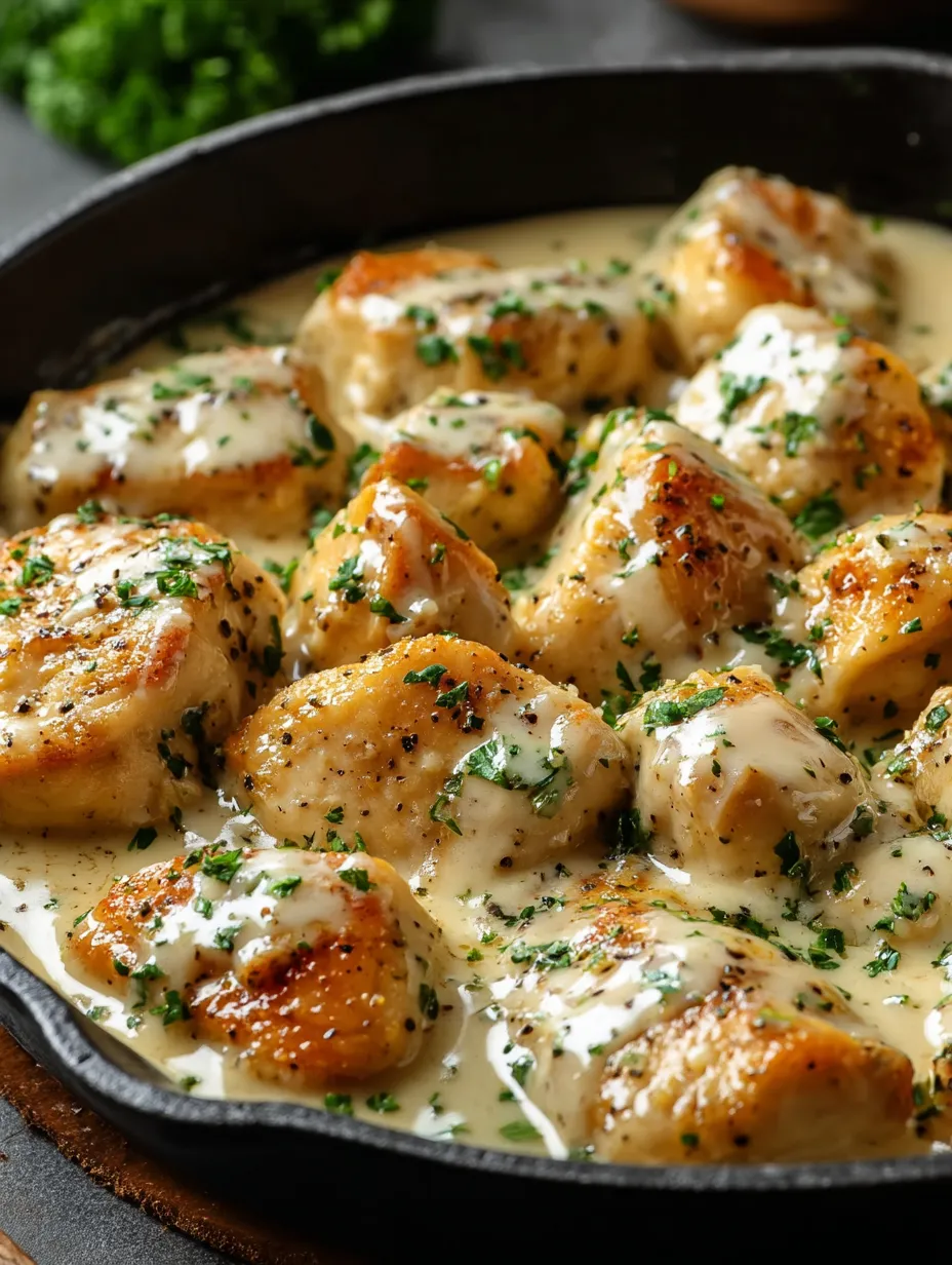 A pan of chicken with a white sauce.