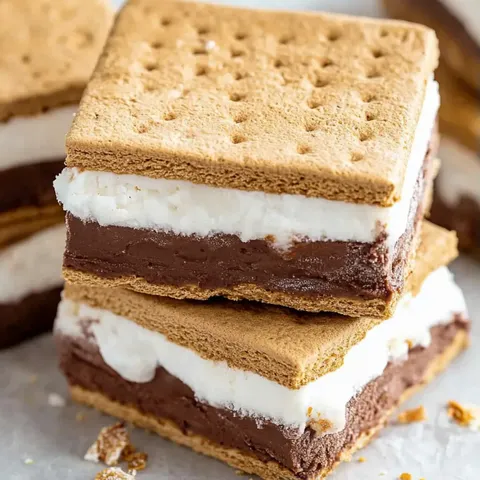 A stack of three chocolate and white marshmallows.