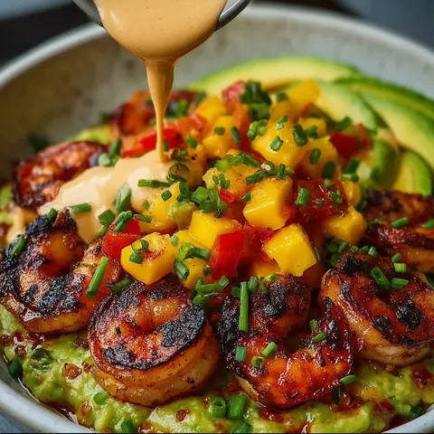 Shrimp and Avocado Bowls with Mango Salsa and Lime Chili Sauce.