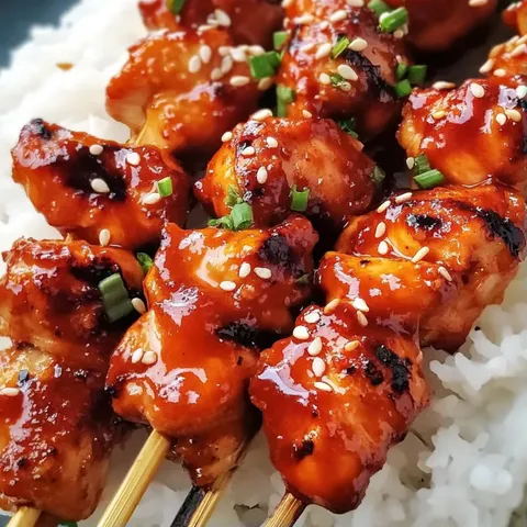 A plate of chicken skewers with sauce.