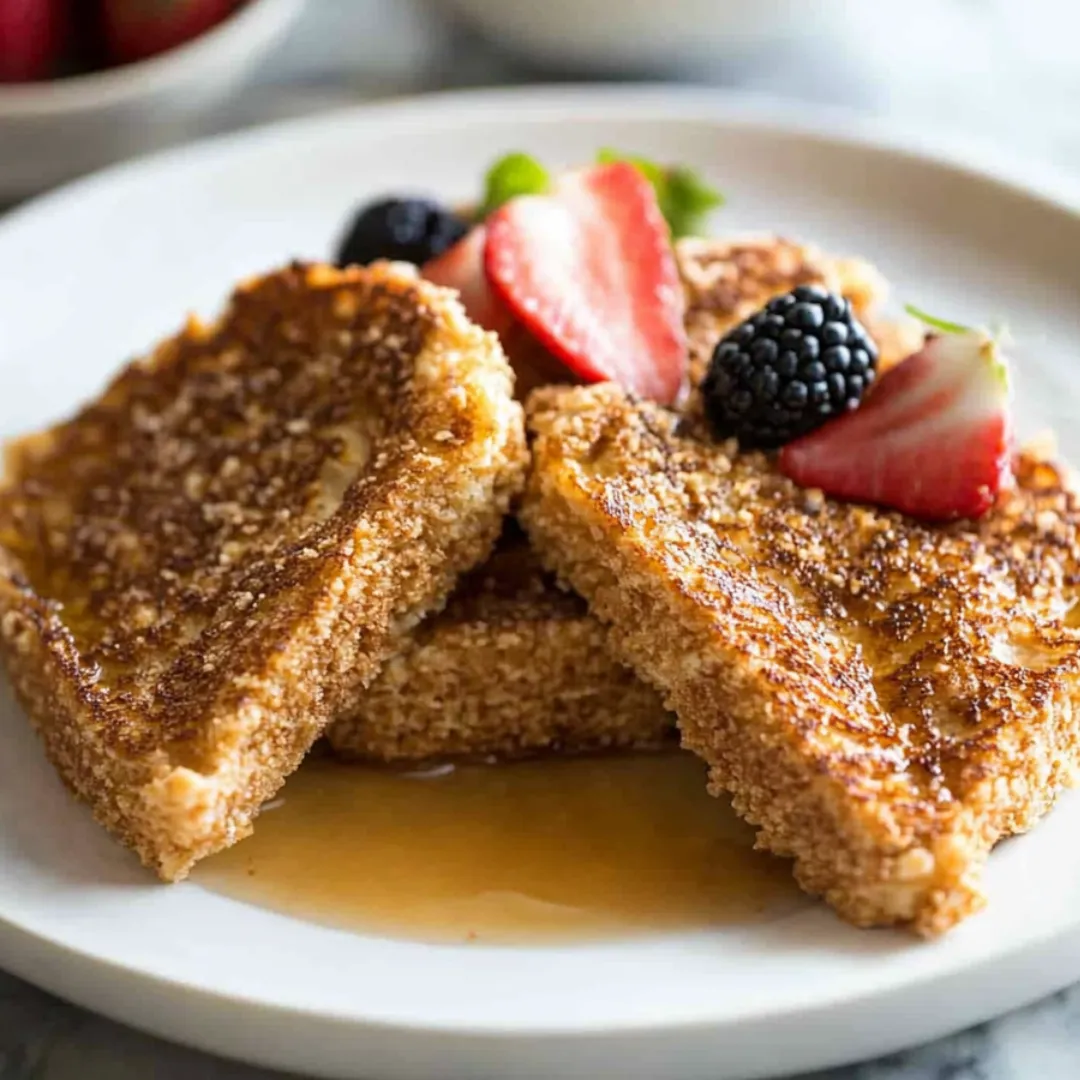 A plate of French toast with strawberries and blueberries.