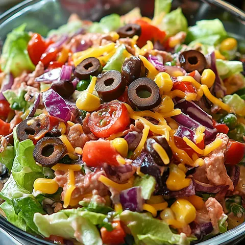 A bowl of salad with tomatoes, olives, and cheese.