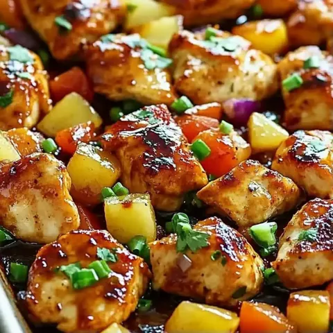 A pan of chicken with pineapple and onions.