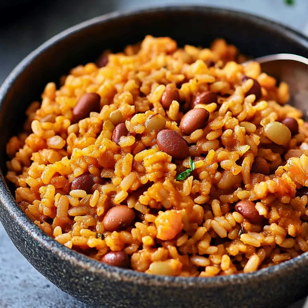 A bowl of rice with beans and peas.