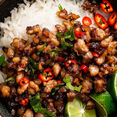 A bowl of food with rice and meat.