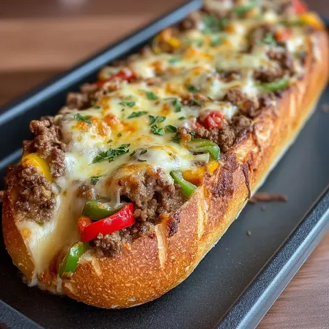 A sandwich with meat and cheese on a black tray.