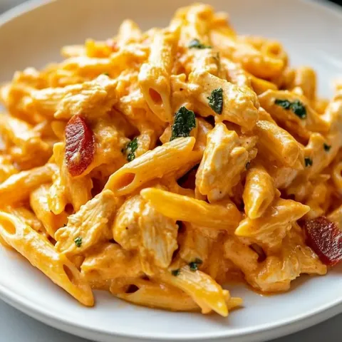 A plate of pasta with chicken and cheese.