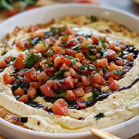 A white bowl filled with a dip and tomatoes.