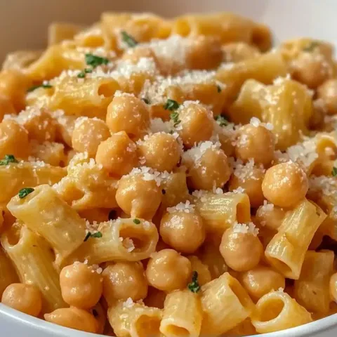A bowl of pasta with chickpeas.
