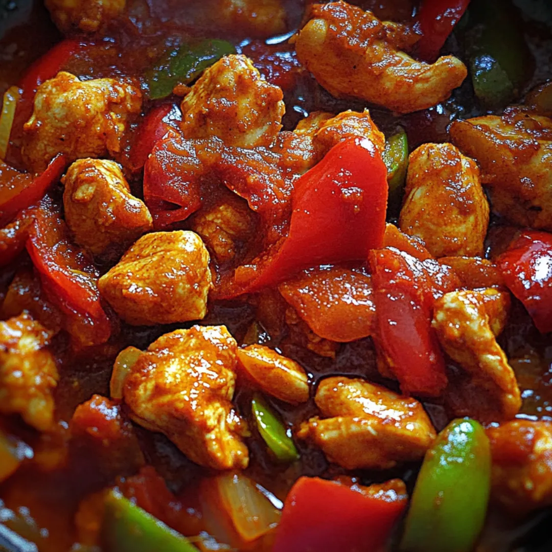 A bowl of chicken and peppers.