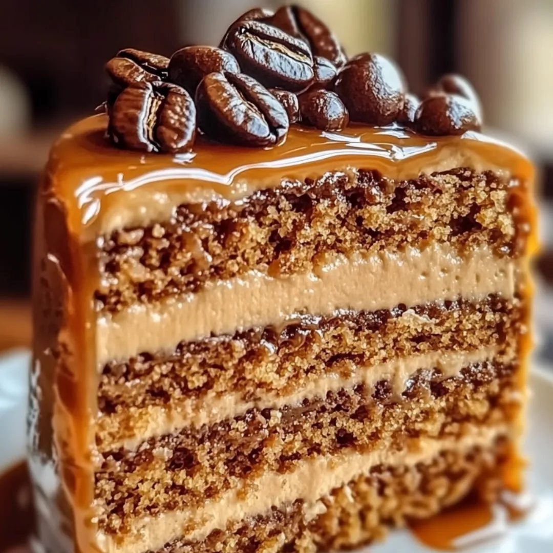 A slice of cake with chocolate frosting and coffee beans on top.