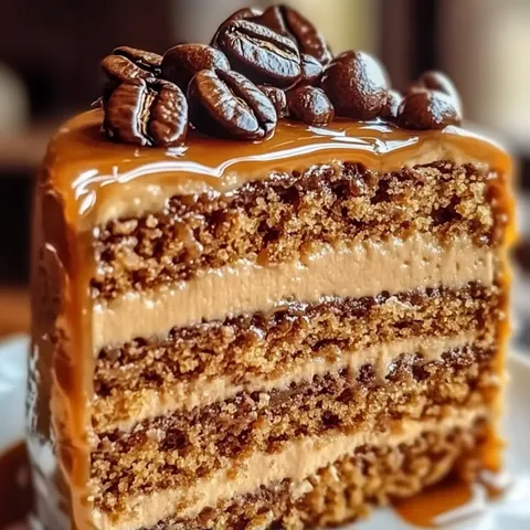 A slice of cake with chocolate frosting and coffee beans on top.