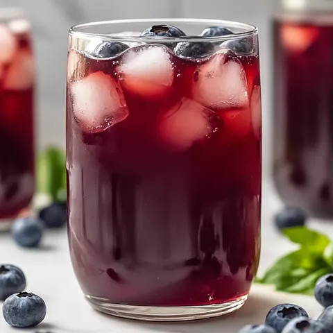 A glass of red wine with blueberries in it.