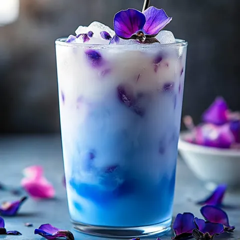 A glass of blue drink with purple flowers.