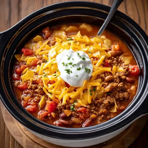 A bowl of chili with cheese and sour cream on top.