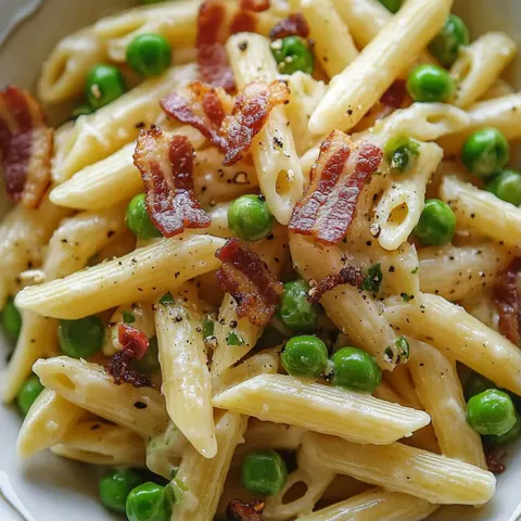 A bowl of pasta with peas and bacon.