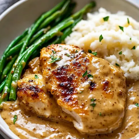 A plate of food with chicken, rice, and green beans.