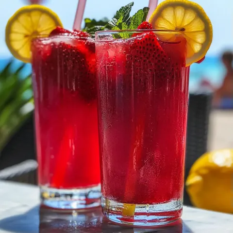 Two glasses of red drink with lemon slices.