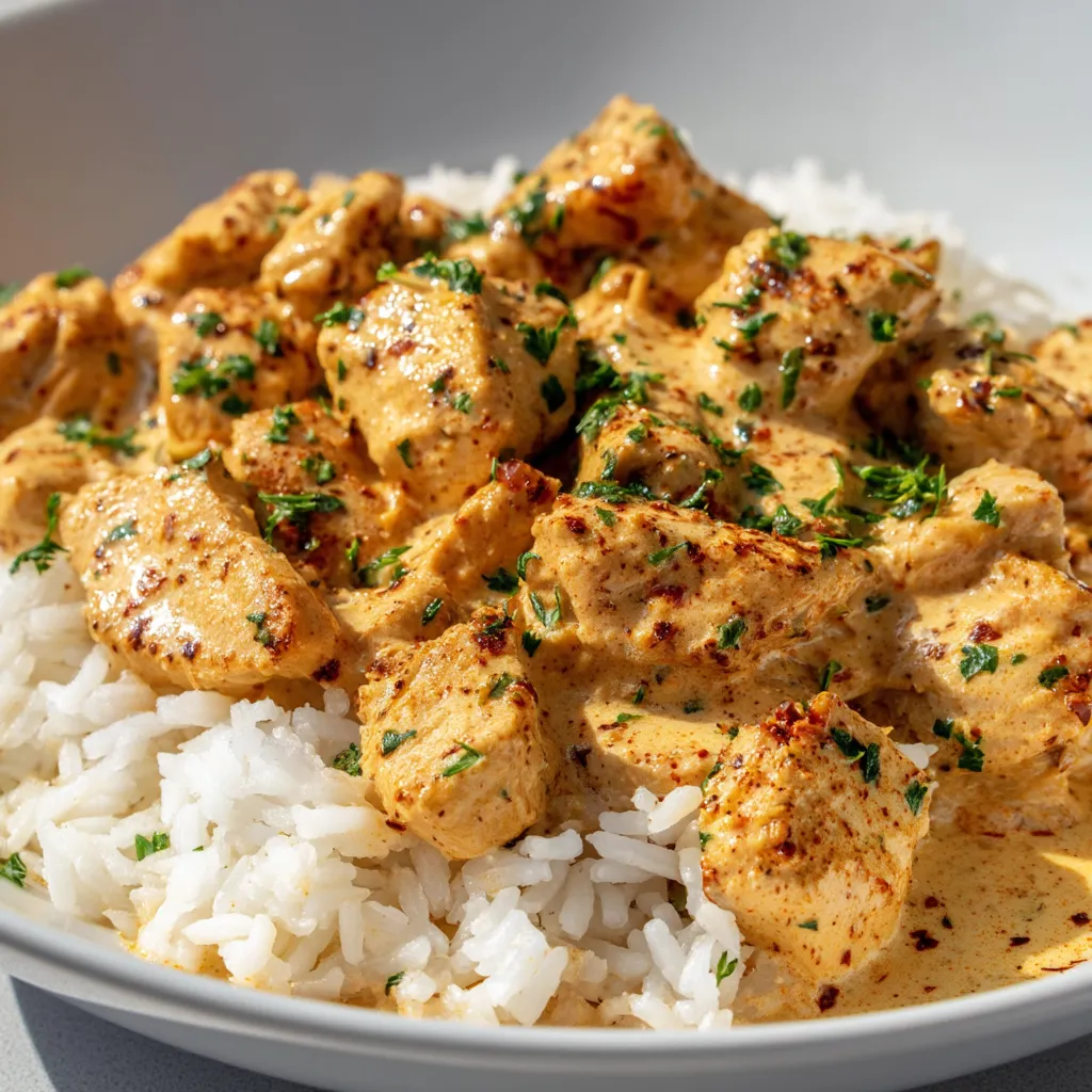 A bowl of rice with chicken and sauce.