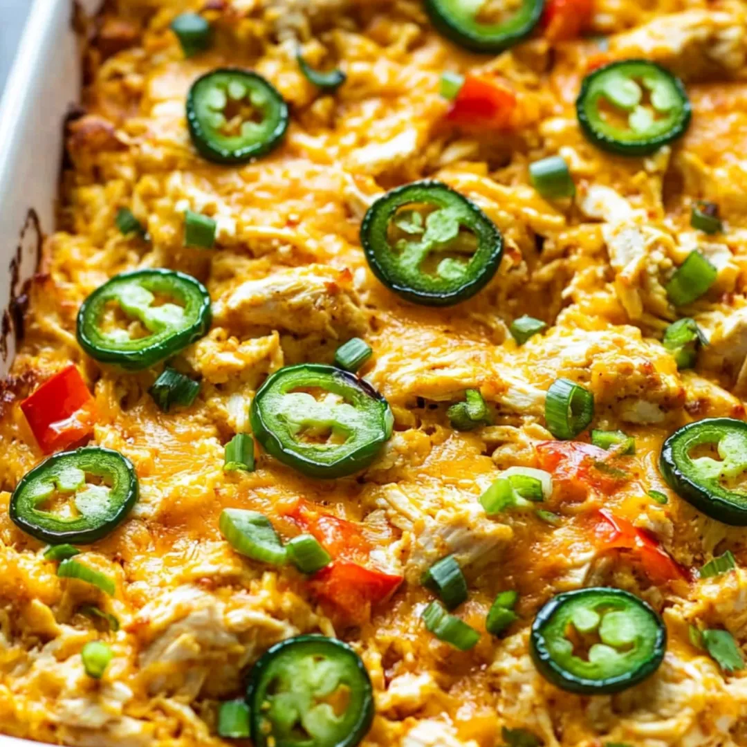 A dish with chicken, peppers and jalapenos.