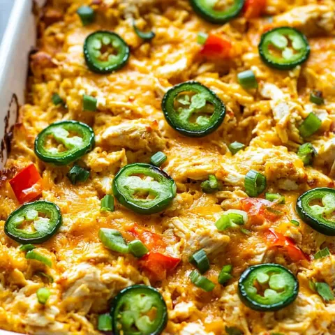 A dish with chicken, peppers and jalapenos.