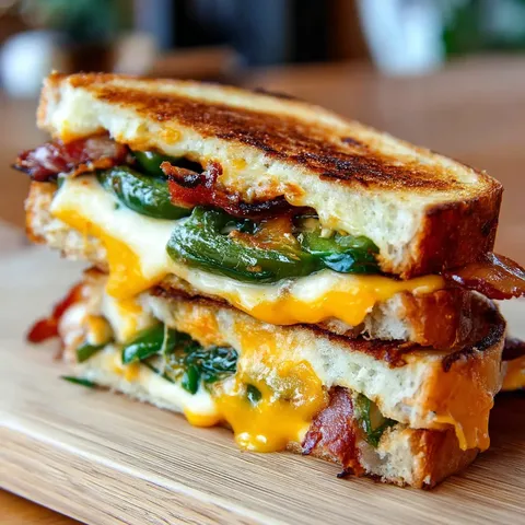 A sandwich with bacon, cheese, and peppers.