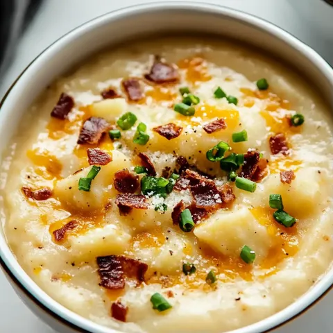 A bowl of soup with bacon and green onions.