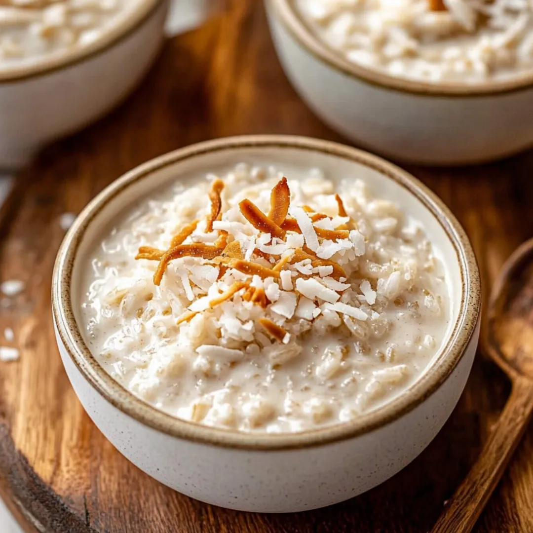 A bowl of oatmeal with coconut on top.