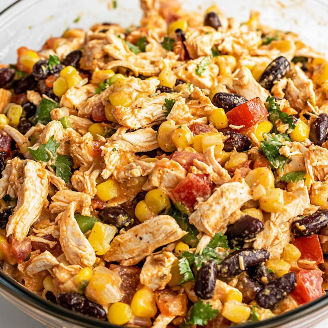 A bowl of food with chicken, corn, beans, and tomatoes.