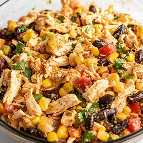 A bowl of food with chicken, corn, beans, and tomatoes.
