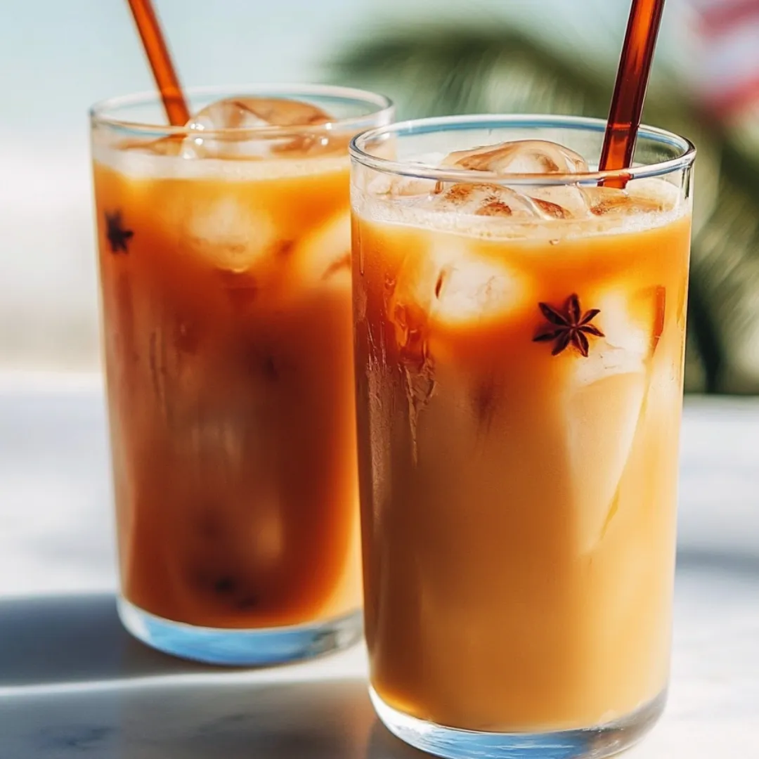 Two glasses of iced tea on a table.