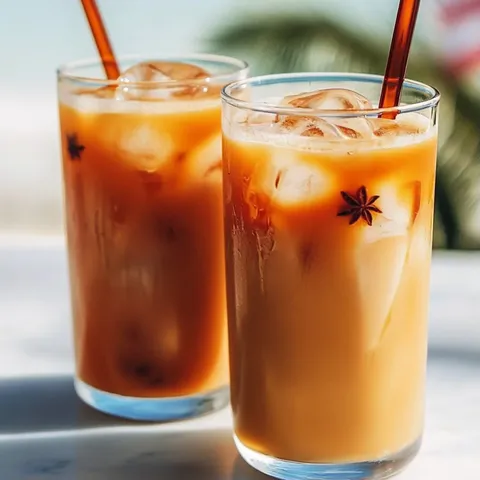 Two glasses of iced tea on a table.
