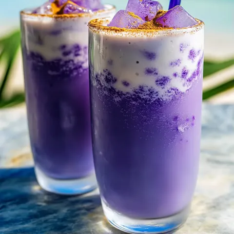 Two glasses of purple drinks with yellow toppings.