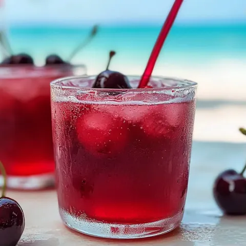 Cherry juice in a glass with a cherry on top.