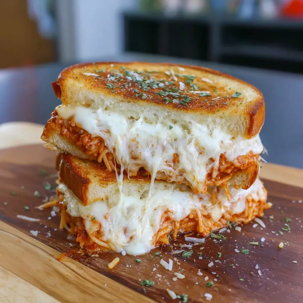 Sandwich loaded with meat and cheese sitting on a cutting board.