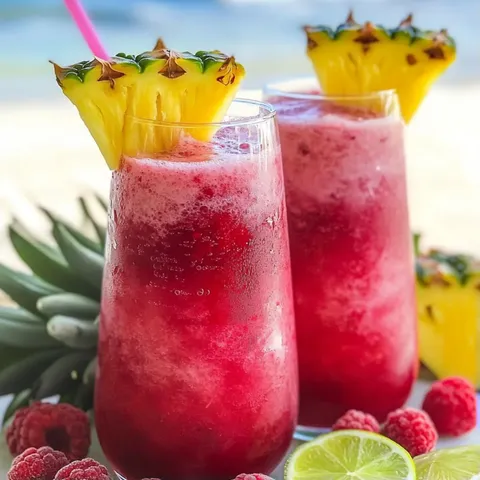 Two glasses of pink drinks with pineapple tops.