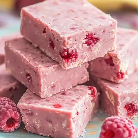 A stack of pink and red cake with berries on top.