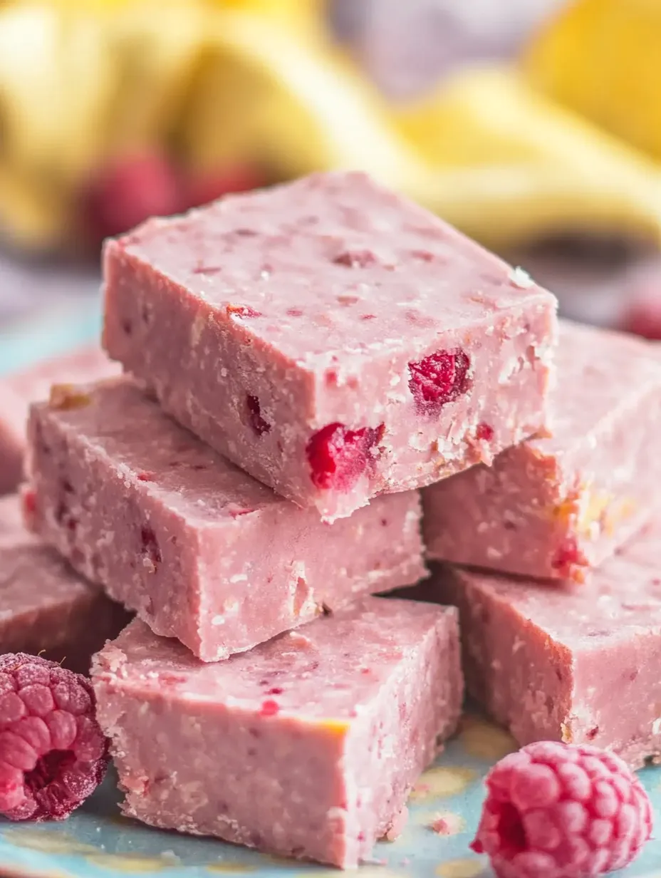 A stack of pink cake with raspberries on top.