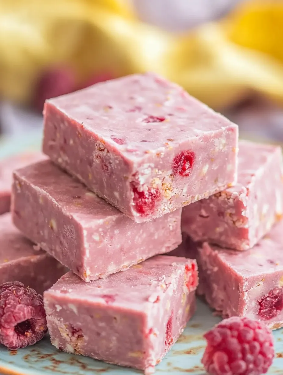 A stack of pink cake with raspberries on top.
