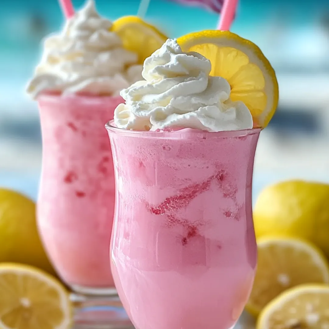 Two pink drinks with lemon slices in them.