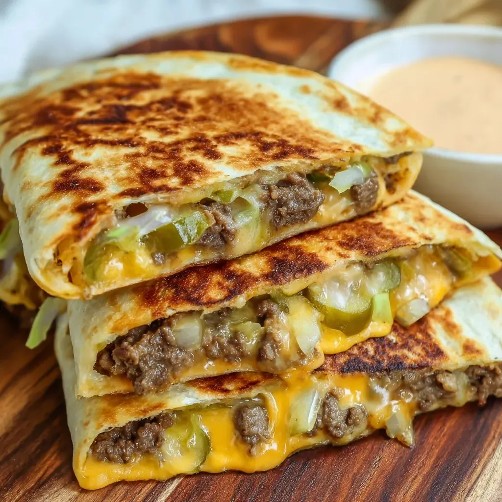 Three quesadillas stacked with melted cheese and onions.