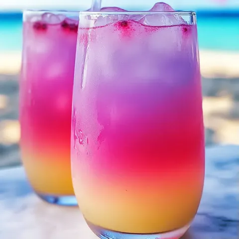 Two glasses of pink and yellow drinks.