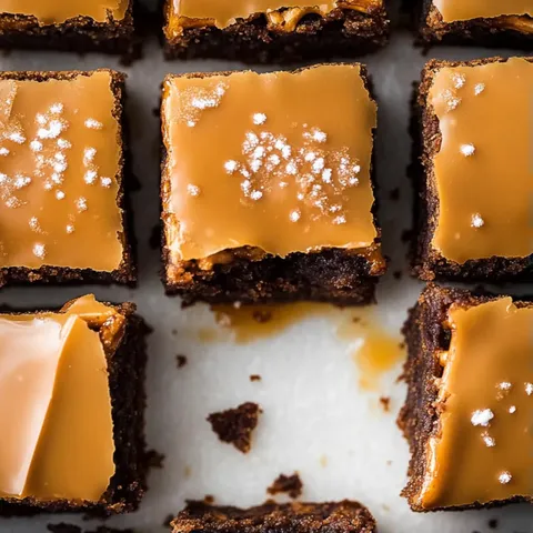 A close up of a brownie with caramel drizzle.