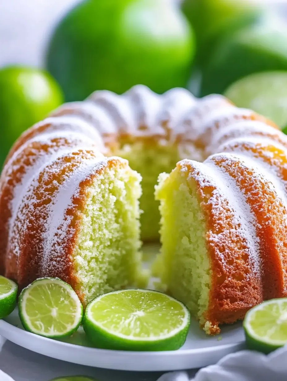 A slice of cake with green limes on the side.