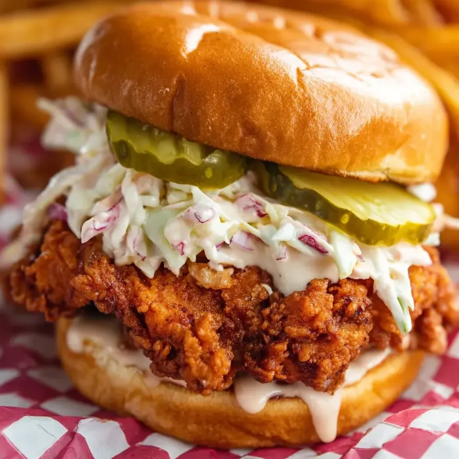 A sandwich with coleslaw and pickles.