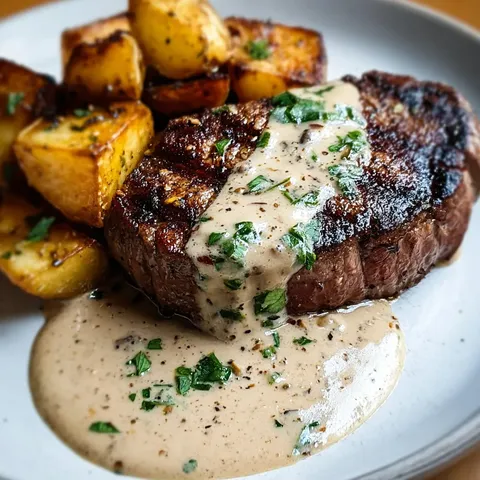 A plate of meat with gravy and potatoes.