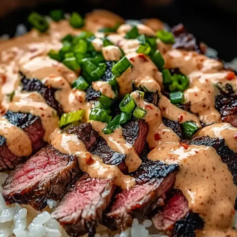 Steak with sauce and rice.