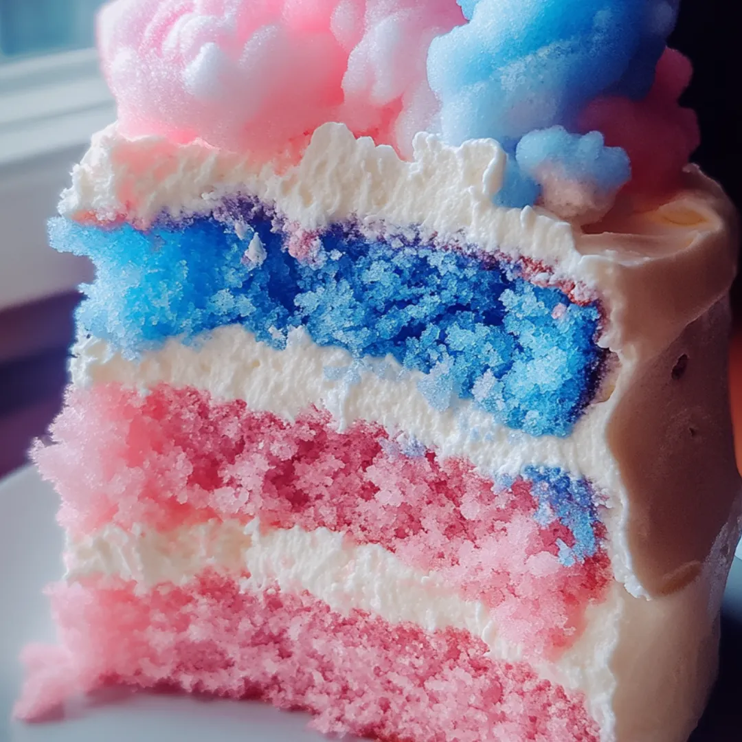A slice of cake with pink, blue, and white frosting.